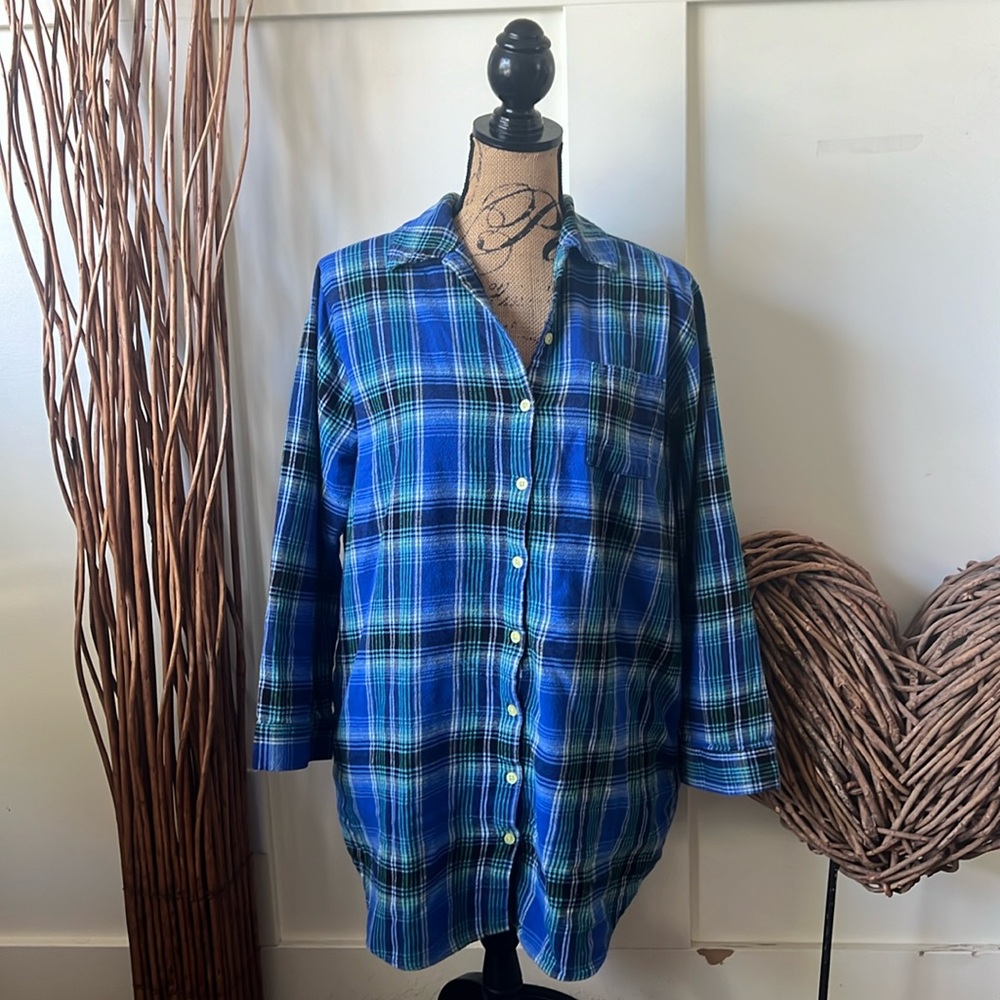 Sonoma Blue Plaid Flannel Long Sleeve Nightshirt With Pockets